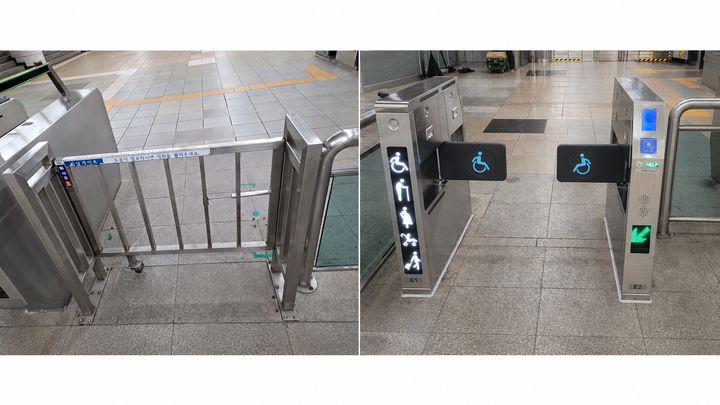 [서울=뉴시스]기존 교통약자용 철제형 수동문(좌)과 새로 교체된 플랩형 자동개집표기. (사진=서울교통공사 제공) 2026.06.01. photo@newsis.com *재판매 및 DB 금지
