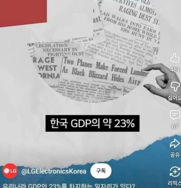 [서울=뉴시스] LG전자가 공식 유튜브 채널에 업로드한 영상에서 남성을 조롱하는 제스처로 알려진 '집게손'이 포착됐다. (사진=온라인 커뮤니티 캡처) *재판매 및 DB 금지