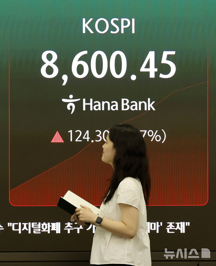 [서울=뉴시스] 김혜진 기자 = 코스피가 전 거래일(8476.15)보다 9.52포인트(0.11%) 상승한 8485.67에 개장한 1일 오전 서울 중구 하나은행 딜링룸 전광판에 지수가 표시 되고 있다. 코스닥 지수는 전 거래일(1074.80)보다 2.03포인트(0.19%) 내린 1072.77에 거래를 시작했다. 원·달러 환율은 전 거래일 주간거래 종가(1507.9원)보다 0.9원 오른 1508.8원에 출발했다. 2026.06.01. jini@newsis.com