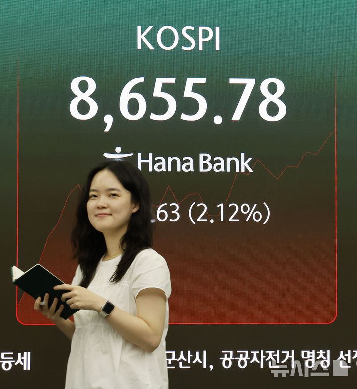 [서울=뉴시스] 김혜진 기자 = 코스피가 전 거래일(8476.15)보다 9.52포인트(0.11%) 상승한 8485.67에 개장한 1일 오전 서울 중구 하나은행 딜링룸 전광판에 지수가 표시 되고 있다. 코스닥 지수는 전 거래일(1074.80)보다 2.03포인트(0.19%) 내린 1072.77에 거래를 시작했다. 원·달러 환율은 전 거래일 주간거래 종가(1507.9원)보다 0.9원 오른 1508.8원에 출발했다. 2026.06.01. jini@newsis.com