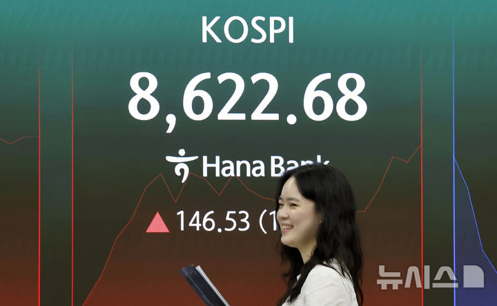 [서울=뉴시스] 김혜진 기자 = 코스피가 전 거래일(8476.15)보다 9.52포인트(0.11%) 상승한 8485.67에 개장한 1일 오전 서울 중구 하나은행 딜링룸 전광판에 지수가 표시 되고 있다. 코스닥 지수는 전 거래일(1074.80)보다 2.03포인트(0.19%) 내린 1072.77에 거래를 시작했다. 원·달러 환율은 전 거래일 주간거래 종가(1507.9원)보다 0.9원 오른 1508.8원에 출발했다. 2026.06.01. jini@newsis.com