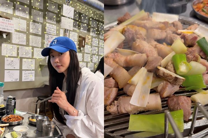 [서울=뉴시스] 배우 김사랑이 소셜네트워크서비스(SNS)를 통해 삼겹살 먹방 근황과 대파 및 채소와 함께 익어가는 먹음직스러운 삼겹살 사진을 공개했다. (사진 출처=김사랑 인스타그램 캡처)