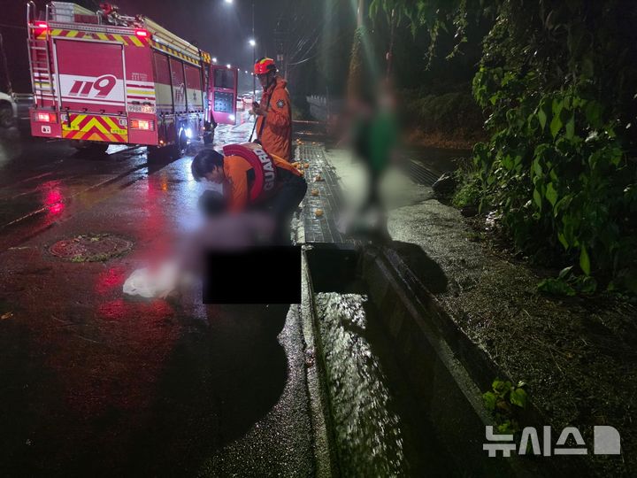 [제주=뉴시스] 1일 오후 제주 서귀포시 남원읍 소재 도로변에서 도랑에 빠진 주민이 소방당국에 의해 구조되고 있다. (사진=제주소방안전본부 제공) 2026.06.02. photo@newsis.com