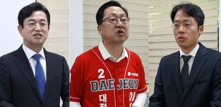 [대전=뉴시스] 조명휘 기자 = (왼쪽부터) 허태정 더불어민주당, 이장우 국민의힘, 강희린 개혁신당 대전시장 후보가 2일 대전시의회 기자실에서 투표 호소문을 발표하며 지지를 당부하고 있다. 2026.06.02. joemedia@newsis.com *재판매 및 DB 금지