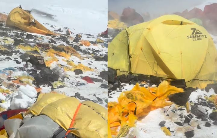 [서울=뉴시스] 에베레스트산 정상 인근 캠프가 버려진 텐트와 산소통 등 각종 쓰레기로 뒤덮인 영상이 공개되며 논란이 일고 있다. (사진=안젤로바 안젤리나 인스타그램 갈무리) *재판매 및 DB 금지
