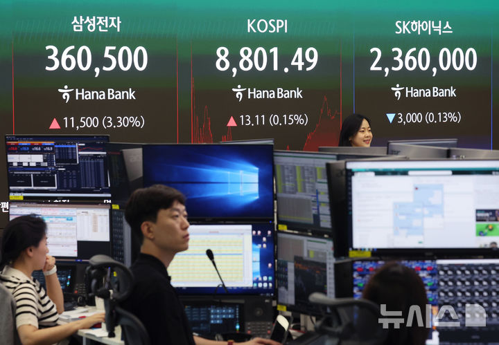 [서울=뉴시스] 김진아 기자 = 코스피가 강보합 끝에 최고치를 경신하며 8800선에서 마감한 2일 서울 중구 하나은행 본점 딜링룸에서 딜러들이 업무를 보고 있다. 코스피는 전 거래일(8788.38)보다 13.11포인트(0.15%) 오른 8801.49에, 코스닥 지수는 전 거래일(1050.03)보다 24.00포인트(2.29%) 하락한 1026.03에 거래를 마쳤다. 2026.06.02. bluesoda@newsis.com