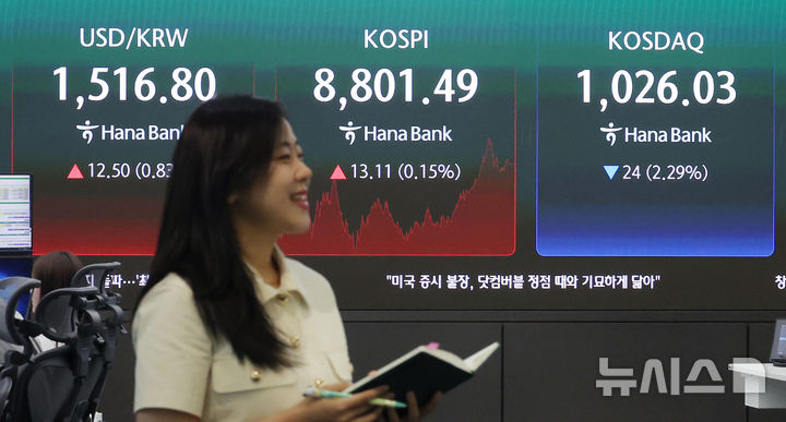 [서울=뉴시스] 김진아 기자 = 코스피가 강보합 끝에 최고치를 경신하며 8800선에서 마감한 2일 서울 중구 하나은행 본점 딜링룸에서 딜러들이 업무를 보고 있다.&nbsp; 코스피는 전 거래일(8788.38)보다 13.11포인트(0.15%) 오른 8801.49에, 코스닥 지수는 전 거래일(1050.03)보다 24.00포인트(2.29%) 하락한 1026.03에 거래를 마쳤다. 2026.06.02. bluesoda@newsis.com