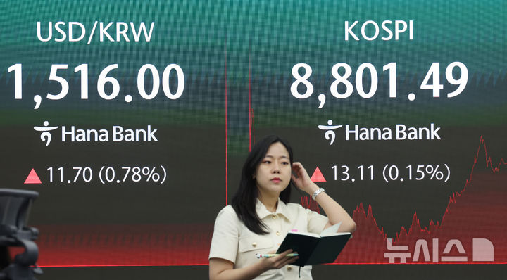 [서울=뉴시스] 김진아 기자 = 코스피가 강보합 끝에 최고치를 경신하며 8800선에서 마감한 2일 서울 중구 하나은행 본점 딜링룸에서 딜러들이 업무를 보고 있다.&nbsp; 코스피는 전 거래일(8788.38)보다 13.11포인트(0.15%) 오른 8801.49에, 코스닥 지수는 전 거래일(1050.03)보다 24.00포인트(2.29%) 하락한 1026.03에 거래를 마쳤다. 2026.06.02. bluesoda@newsis.com