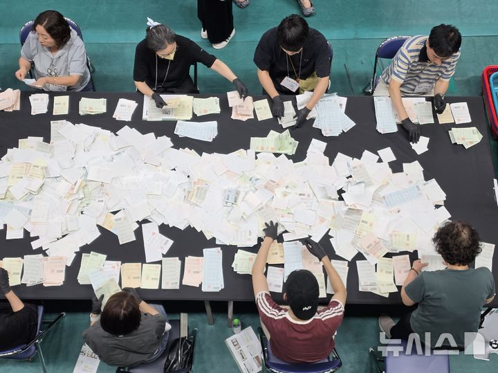 [대구=뉴시스] 이상제 기자 = 제9회 전국동시지방선거 본투표가 마감된 3일 대구 남구 영남이공대학교 천마체육관에 마련된 개표소에서 개표사무원들이 투표용지를 분류하고 있다. 2026.06.03. king@newsis.com 
