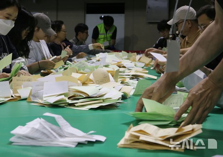 [청주=뉴시스] 서주영 기자 = 제9회 전국동시지방선거일인 3일 충북 청주체육관에 마련된 개표소에서 개표 사무원들이 개표 작업을 하고 있다. 2026.06.03. juyeong@newsis.com