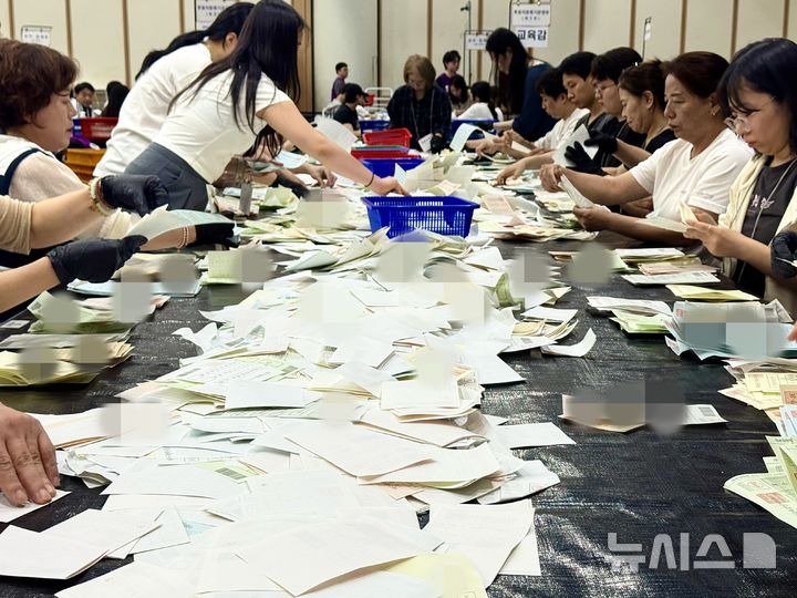 [대구=뉴시스] 정재익 기자 = 제9회 전국동시지방선거 본투표일인 3일 대구 북구 엑스코에 마련된 동구 개표소에서 선거사무원들이 투표용지를 분류하고 있다. 2026.06.03. jjikk@newsis.com
