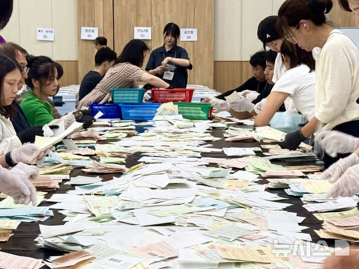 [대구=뉴시스] 정재익 기자 = 제9회 전국동시지방선거 본투표일인 3일 대구 북구 엑스코에 마련된 동구 개표소에서 선거사무원들이 투표용지를 분류하고 있다. 2026.06.03. jjikk@newsis.com