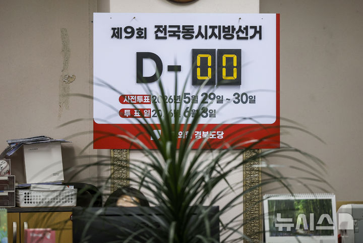 [대구=뉴시스] 정병혁 기자 = 제9회 전국동시지방선거일인 3일 대구 수성구 국민의힘 경북도당에 선거일까지 남은 일수가 표시되어 있다. 2026.06.03. jhope@newsis.com