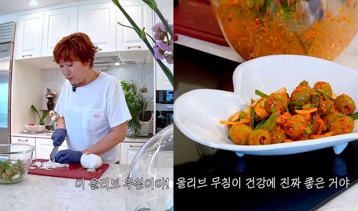 [서울=뉴시스] 개그우먼 임미숙(62)이 올리브 반찬 만드는 법을 소개했다. (사진=유튜브 '김학래 임미숙의 웃짜 채날' 갈무리) *재판매 및 DB 금지