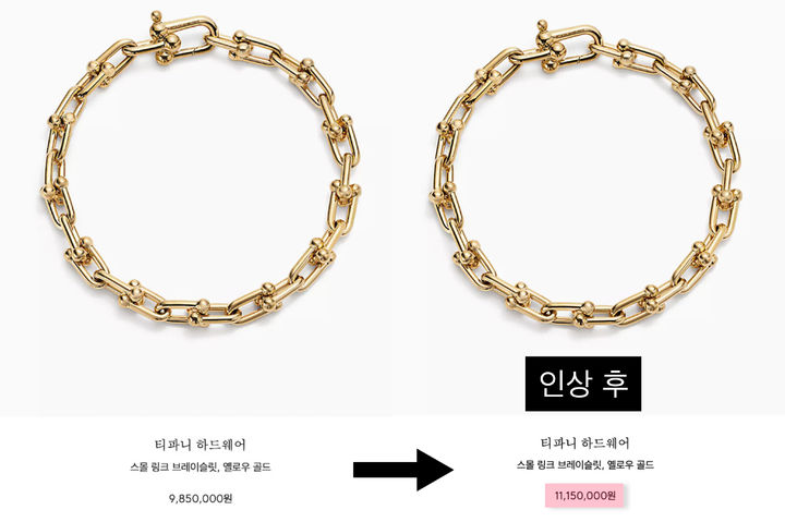 [서울=뉴시스] 티파니 하드웨어 스몰 링크 브레이슬릿 제품 가격이 인상됐다. (사진=티파니 홈페이지) 2026.06.04. photo@newsis.com *재판매 및 DB 금지