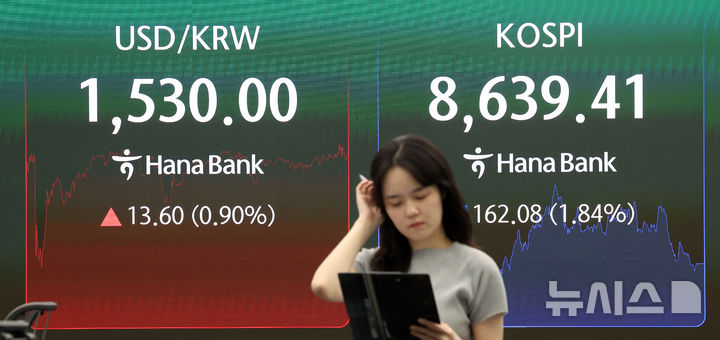 [서울=뉴시스] 김선웅 기자 = 4일 오후 서울 중구 하나은행 본점 딜링룸 전광판에서 마감시황이 표시되고 있다. 2026.06.04. mangusta@newsis.com