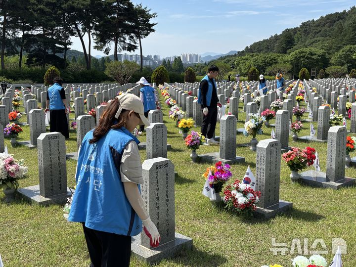 [서울=뉴시스] 대전자생한방병원 임직원과 대전자생봉사단원들이 국립대전현충원 묘역에서 비석을 정비하고 태극기를 꽂고 있다. (사진= 자생한방병원 제공)