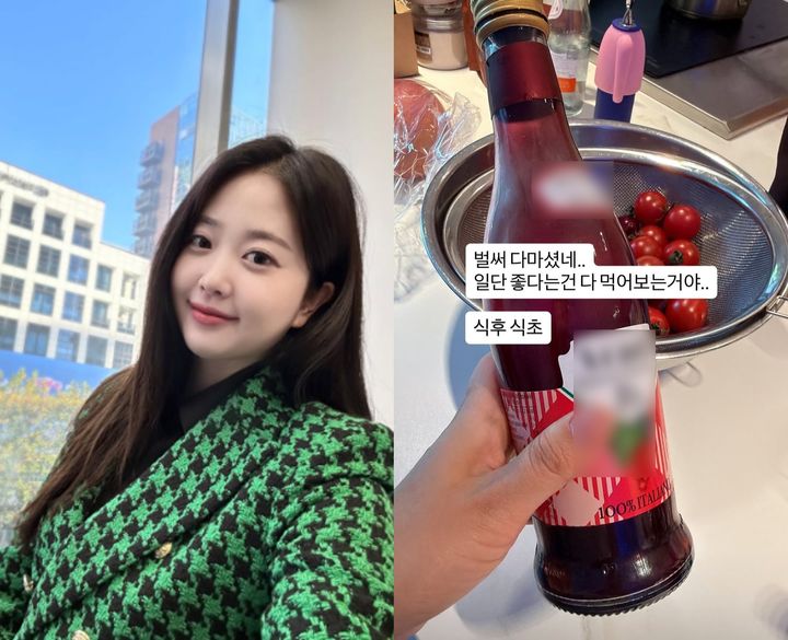 [서울=뉴시스] 개그맨 박수홍의 아내 김다예(33)가 출산 후 체중 관리를 위해 와인 식초를 먹는 모습을 공개했다. (사진=김다예 인스타그램 갈무리) *재판매 및 DB 금지