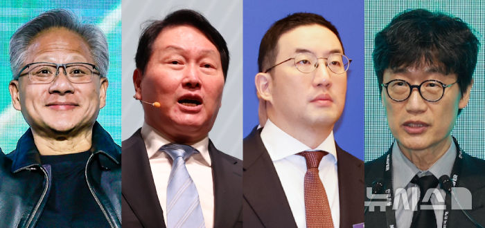 [서울=뉴시스] 젠슨 황 엔비디아 최고경영자(CEO), 최태원 SK그룹 회장, 구광모 LG그룹 회장, 이해진 네비어 이사회 의장의 모습. 2026.6.5. photo@newsis.com