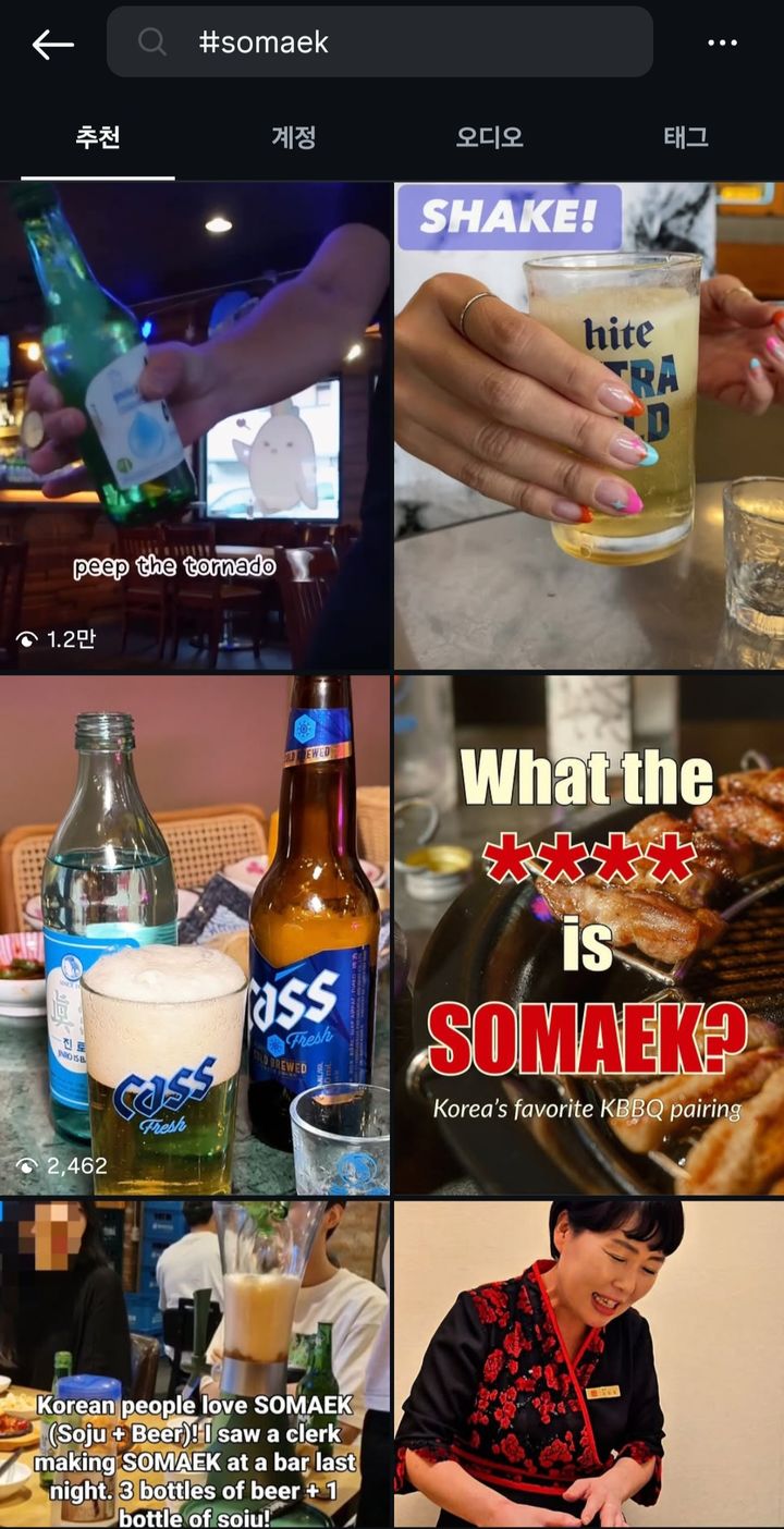 [서울=뉴시스] 소맥의 영어명 'somaek'을 검색했을 때 나오는 관련 해외 콘텐츠들(사진=인스타그램 캡처) *재판매 및 DB 금지
