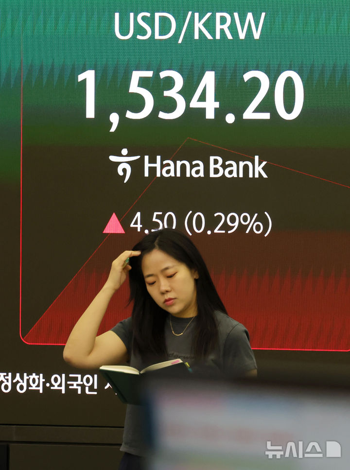 [서울=뉴시스] 홍효식 기자 = 서울 외환시장에서 원·달러 환율이 전 거래일 주간거래 종가(1529.7원)보다 0.7원 내린 1529.0원에 출발한 5일 오전 서울 중구 하나은행 딜링룸 전광판에 지수가 표시되어 있다.코스피는 전 거래일(8639.41)보다 316.21포인트(3.66%) 하락한 8323.20, 코스닥 지수는 전 거래일(1049.73)보다 14.51포인트(1.38%) 내린 1035.22에 거래를 시작했다. 2026.06.05. yesphoto@newsis.com