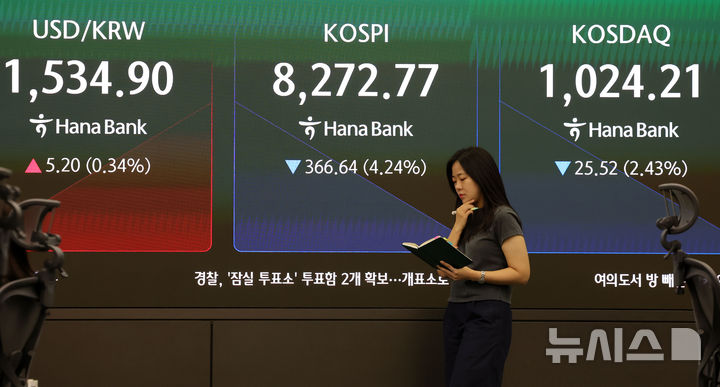 [서울=뉴시스] 홍효식 기자 = 5일 오전 서울 중구 하나은행 딜링룸 전광판에 지수가 표시되고 있다. 2026.06.05. yesphoto@newsis.com