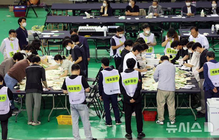 [서울=뉴시스] 홍효식 기자 = 5일 서울 송파구 올림픽공원 핸드볼경기장에 마련된 제9회 전국동시지방선거 개표소에서 관계자들이 개표를 하고 있다. 2026.06.05. yesphoto@newsis.com