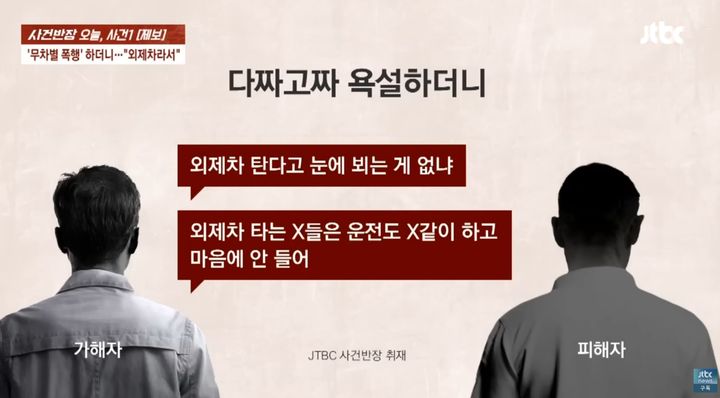 [서울=뉴시스] 외제차에 피해의식이 있다고 주장한 남성이 일면식도 없는 70대 노인에게 무차별 폭행을 가했다. (사진=JTBC '사건반장' 유튜브 캡처) *재판매 및 DB 금지