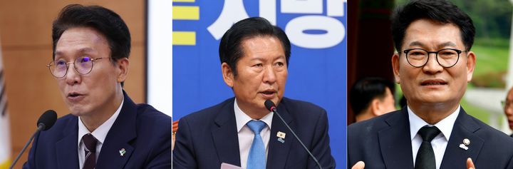 [서울·광주=뉴시스]조수정 김근수 류형근 기자 = 더불어민주당 당권 경쟁이 8일 본격화하고 있다. 사진은 왼쪽부터 김민석 국무총리, 정청래 민주당 대표, 송영길 민주당 의원. 2026.06.07. *재판매 및 DB 금지