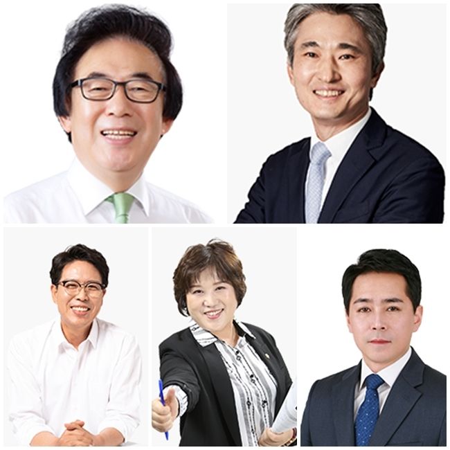 [서울=뉴시스] 서울시의회 의장 후보들. 왼쪽 상단부터 시계 방향으로 김기덕, 김인제, 임만균, 봉양순, 강동길 의원. (사진=서울시의회 제공) 2026.06.09. photo@newsis.com *재판매 및 DB 금지