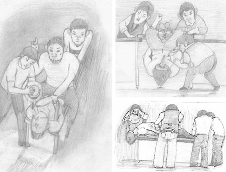 [부산=뉴시스] 부산 낙동강변 살인사건 누명 피해자 최인철씨가 그림으로 묘사한 고문 정황. (사진=최인철씨 측 제공) 2026.06.08. photo@newsis.com *재판매 및 DB 금지