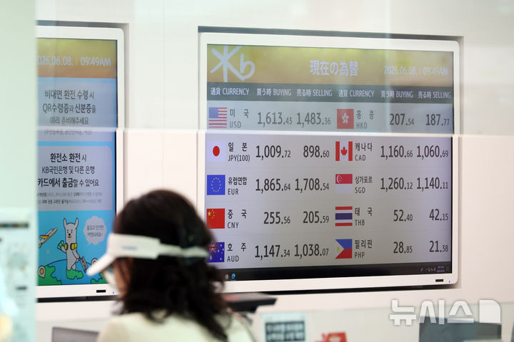 [인천공항=뉴시스] 고승민 기자 = 원·달러 환율이 서울 외환시장에서 달러당 1555.2원에 거래를 시작한 8일 인천국제공항 2터미널 은행 환전소 모니터에 달러 원화 구입가가 1600원대를 기록하고 있다. 2026.06.05. kkssmm99@newsis.com