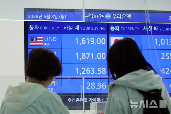 [인천공항=뉴시스] 고승민 기자 = 원·달러 환율이 서울 외환시장에서 달러당 1555.2원에 거래를 시작한 8일 인천국제공항 2터미널 은행 환전소 모니터에 달러 원화 구입가가 1600원대를 기록하고 있다. 2026.06.05. kkssmm99@newsis.com