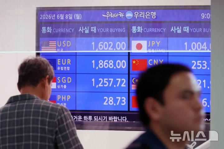 [인천공항=뉴시스] 고승민 기자 = 원·달러 환율이 서울 외환시장에서 달러당 1555.2원에 거래를 시작한 8일 인천국제공항 2터미널 은행 환전소 모니터에 달러 원화 구입가가 1600원대를 기록하고 있다. 2026.06.05. kkssmm99@newsis.com