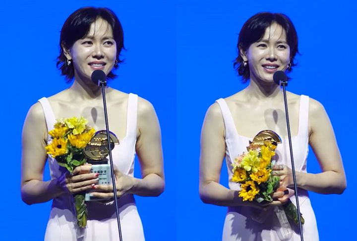 [서울=뉴시스]손예진이 8일 서울 강남구 건설회관 CG아트홀에서 열린 '제46회 황금촬영상 시상식'에서 여우주연상 수상 후 소감을 밝히고 있다.(사진=유튜브 캡처) 2026.06.09. photo@newsis.com *재판매 및 DB 금지