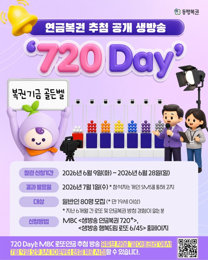 동행복권, 연금복권 추첨 공개 생방송 '720 Day' 참관인 모집