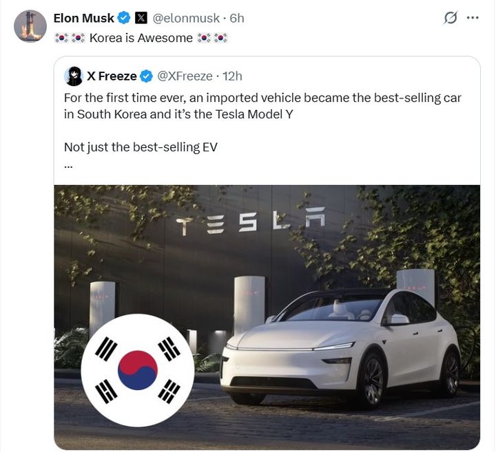 [서울=뉴시스] 일론 머스크 테슬라(Tesla) CEO가 9일 자신의 SNS에 "Korea is Awesome"이라는 게시글을 올렸다.(사진=일론 머스크 SNS 캡처) *재판매 및 DB 금지