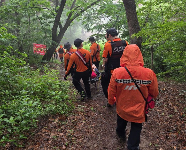[양산=뉴시스] 산악 사고로 부상을 입은 구조자가 119 구조대원의 들것을 활용해 하산하고 있다. (사진= 양산소방서 제공) 2026.06.09. photo@newsis.com *재판매 및 DB 금지