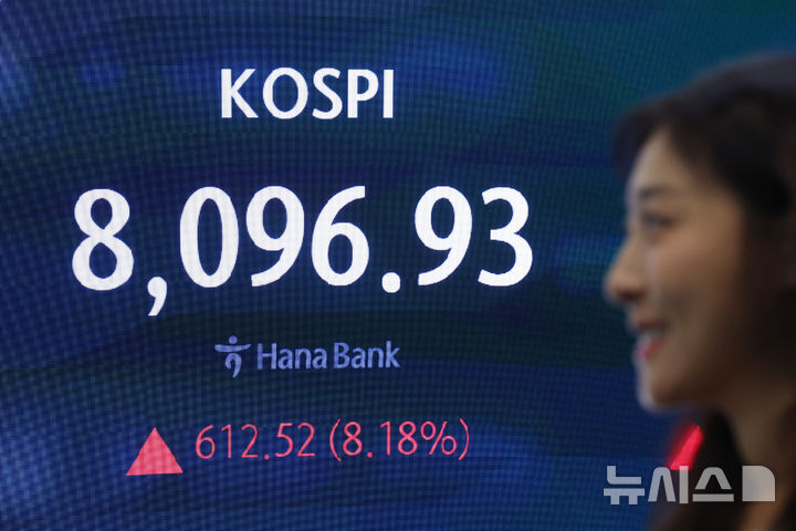 [서울=뉴시스] 조성우 기자 = 코스피가 전 거래일(7484.41)보다 612.52포인트(8.18%) 오른 8096.93에 장을 마감한 9일 오후 서울 중구 하나은행 딜링룸 전광판에 지수가 표시되고 있다. 코스닥 지수는 전 거래일(911.39)보다 56.42포인트(6.19%) 상승한 967.81에 거래를 마쳤다. 원·달러 환율은 전 거래일(1535.0원)보다 22.9원 내린 1512.1원에 주간 거래를 마감했다. 2026.06.09. xconfind@newsis.com