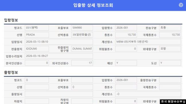 [서울=뉴시스]한미일과 호주, 영국, 유럽연합(EU)가 대북 제재 대상으로 지목한 프라다호의 평택항 입항 기록. (출처=해양수산부, VOA에서 재인용) 2026.6.10. *재판매 및 DB 금지