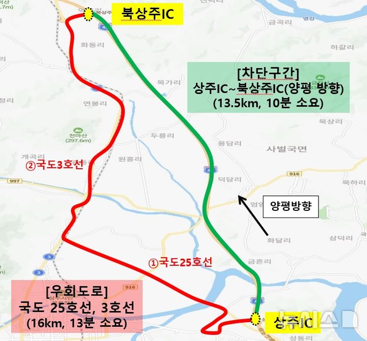 [청주=뉴시스] 상주IC→북상주IC(양평방향) 전면차단 시 우회도로 개요도 (사진=한국도로공사 충북본부 제공) 2026.06.10. photo@newsis.com
