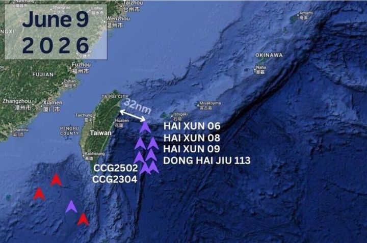 [서울=뉴시스] 우차오셰 대만 국가안전보장회의 사무총장이 9일 소셜미디어 X에 올린 대만 동쪽 해안에 나타난 중국 함정들의 위치를 나타낸 지도. 중국 해안경비대 함정(CCG) 2척과 해사안전국 순찰선(하이쉰) 3척, 구조선 1척(둥하이주) 등의 위치가 표시되어 있다.(출처: 자유시보) 2026.06.10. *재판매 및 DB 금지