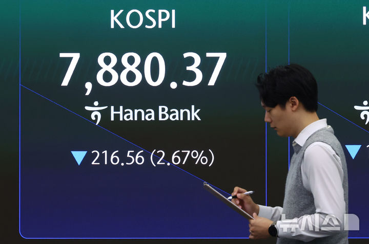 [서울=뉴시스] 황준선 기자 = 코스피가 전 거래일(8096.93)보다 197.16포인트(2.43%) 내린 7899.77에 개장한 10일 오전 서울 중구 하나은행 딜링룸에 지수가 표시돼 있다. 2026.06.10. hwang@newsis.com