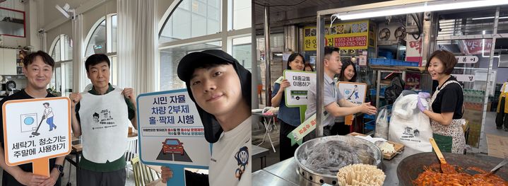 [울산=뉴시스] 한국동서발전 직원들이 지난 10일 태화종합시장 식당 대표에게 '에너지 절약 국민행동' 앞치마를 전달하고 기념촬영을 하고 있다. (사진=한국동서발전 제공) 2026.06.11. photo@newsis.com *재판매 및 DB 금지