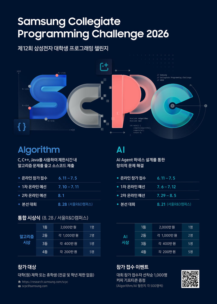 [서울=뉴시스] 삼성전자는 '제12회 삼성전자 대학생 프로그래밍 챌린지(SCPC) 참가자를 모집한다고 11일 밝혔다. 사진은 행사 포스터. 2026.06.11 *재판매 및 DB 금지