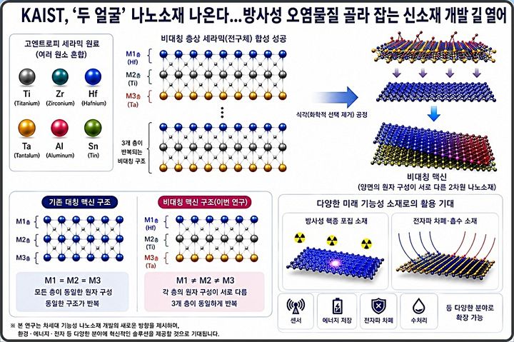 [대전=뉴시스] 카이스트(KAIST) 류호진 교수팀이 양면의 원자 구성이 다른 차세대 나노소재 '비대칭 맥신' 제작에 필요한 핵심 원료를 합성하는 데 성공했다. 연구 모식도. (사진=카이스트 제공) 2026.06.11. photo@newsis.com *재판매 및 DB 금지