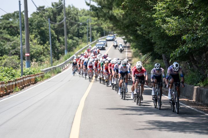 [통영=뉴시스] 신정철 기자= '투르 드 경남 2026' 2일차 통영 스테이지가 19개국 23개 팀 230여 명 참가한 가운데 지난 10일 한려수도의 푸른바다를 무대로 한 미륵도~도산일주로 일원에서 개최됐다.사진은 경기 모습.(사진=통영시 제공).2026.06.11. photo@newsis.com *재판매 및 DB 금지