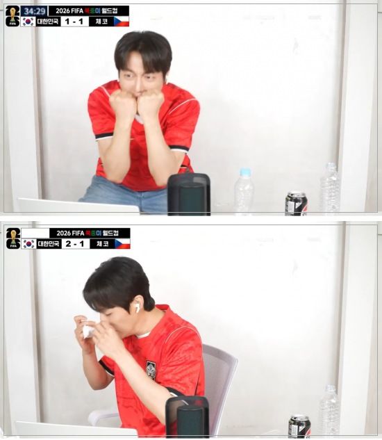 [서울=뉴시스] 그룹 하이라이트 멤버 윤두준이 한국 축구대표팀의 월드컵 첫 경기 승리에 감격했다. (사진=하이라이트 공식 유튜브 채널) 2026.06.12. photo@newsis.com *재판매 및 DB 금지