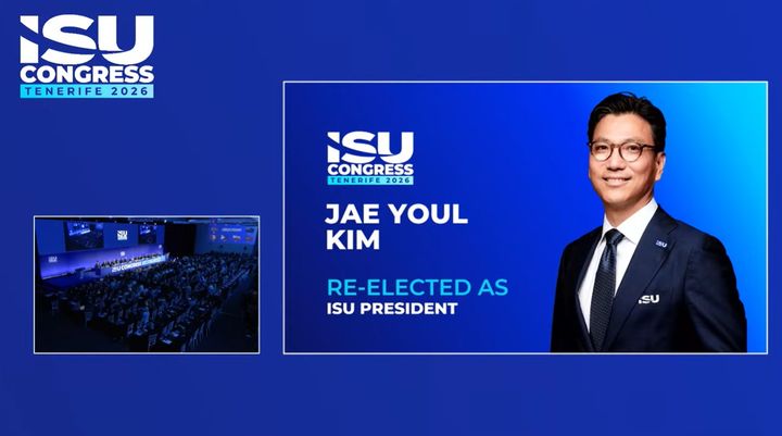 [서울=뉴시스] 국제빙상경기연맹(ISU) 회장 연임에 성공한 김재열 회장. (사진 = ISU 총회 중계 화면 캡처) *재판매 및 DB 금지