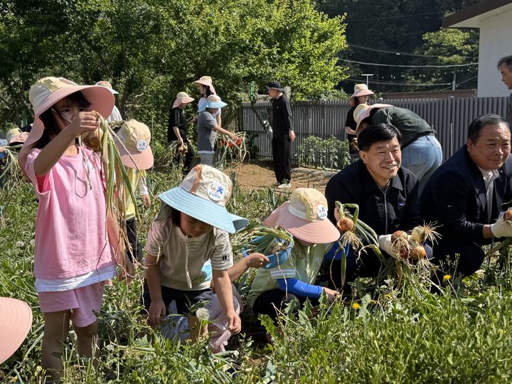 농협 장성군지부와 백양사농협은 12일 장성 북이초등학교 야외 텃밭에서 학생들과 함께 '농심천심 스쿨팜' 양파 수확 체험 행사를 진행했다. (사진=전남농협 제공) photo@newsis.com *재판매 및 DB 금지